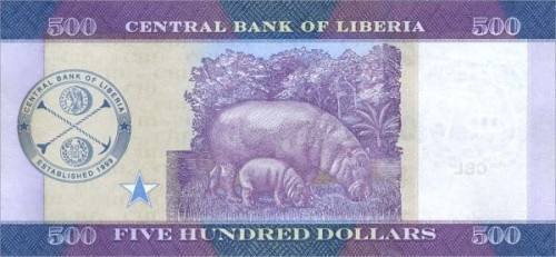 Liberia 500 dolarów Hipopotamy 2016 P-36a 
