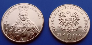 100 zł Jadwiga 1384-1399 1988 platerowany złotem