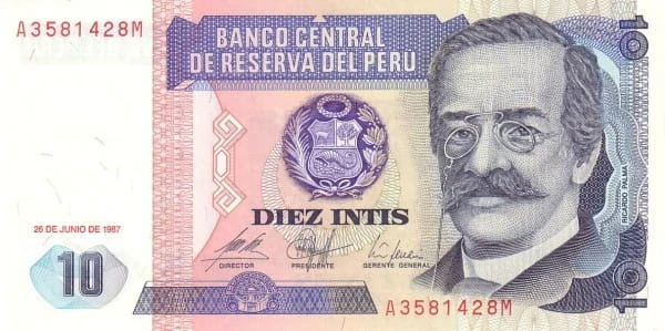 Peru 10 intis Ricardo Palma 1987 P-129