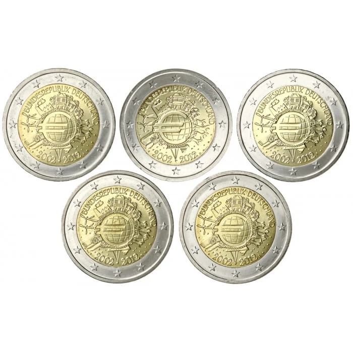 2 euro Niemcy x5 10 lat euro w obiegu 2012 ADFGJ