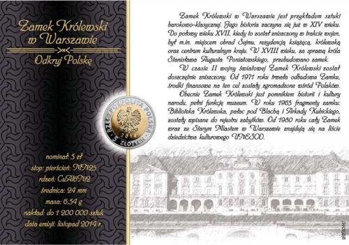 5 zł Zamek Królewski w Warszawie 2014 + blister