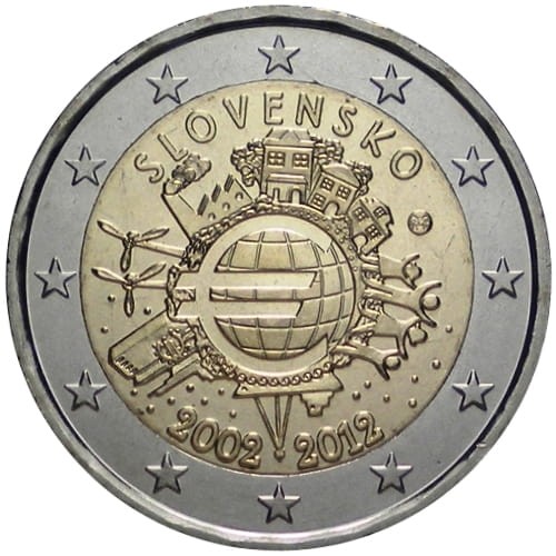 2 € Słowacja 10 lat euro w obiegu 2012