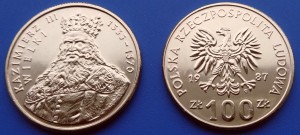 100 zł Kazimierz III Wielki 1333-1370 1987 platerowany złotem