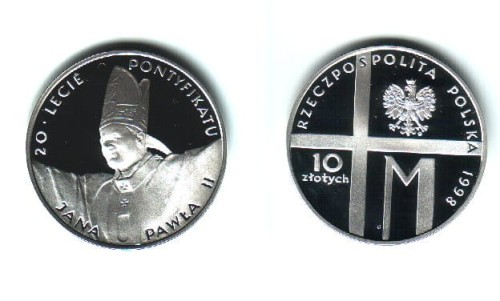 10 zł Jan Paweł II 20-lecie Pontyfikatu 1998