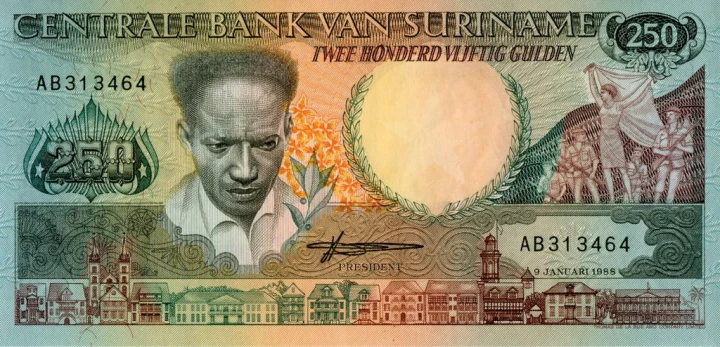 Surinam 250 guldenów Tukan 1988 P-134