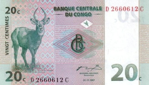 Kongo 20 centymów  antylopy 1997 P-83