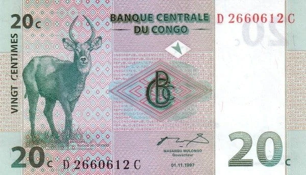 Kongo 20 centymów  antylopy 1997 P-83