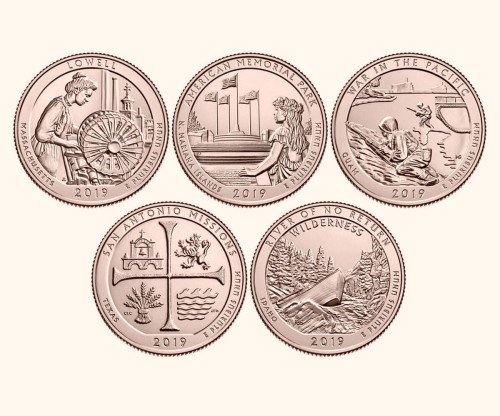USA 25 c Parki narodowe x5 2019 platerowane złotem