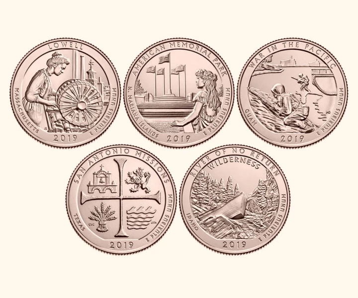 USA 25 c Parki narodowe x5 2019 platerowane złotem
