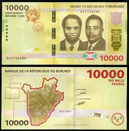 Burundi 10 000 franków Hipopotam 2015 P-54a