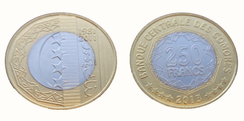 Komory 250 fr 30 rocznica Banku Centralnego 2013
