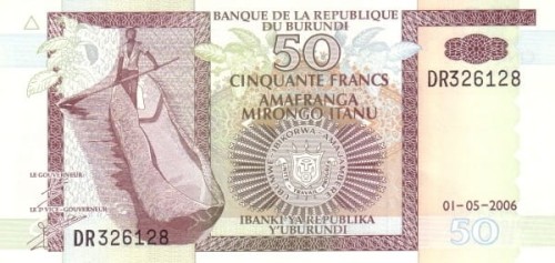 Burundi 50 franków Hipopotam/ Łódka 2006 P-36f